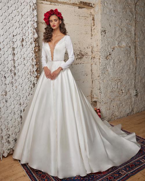 123232 long sleeve satin wedding dress with backless bodice1